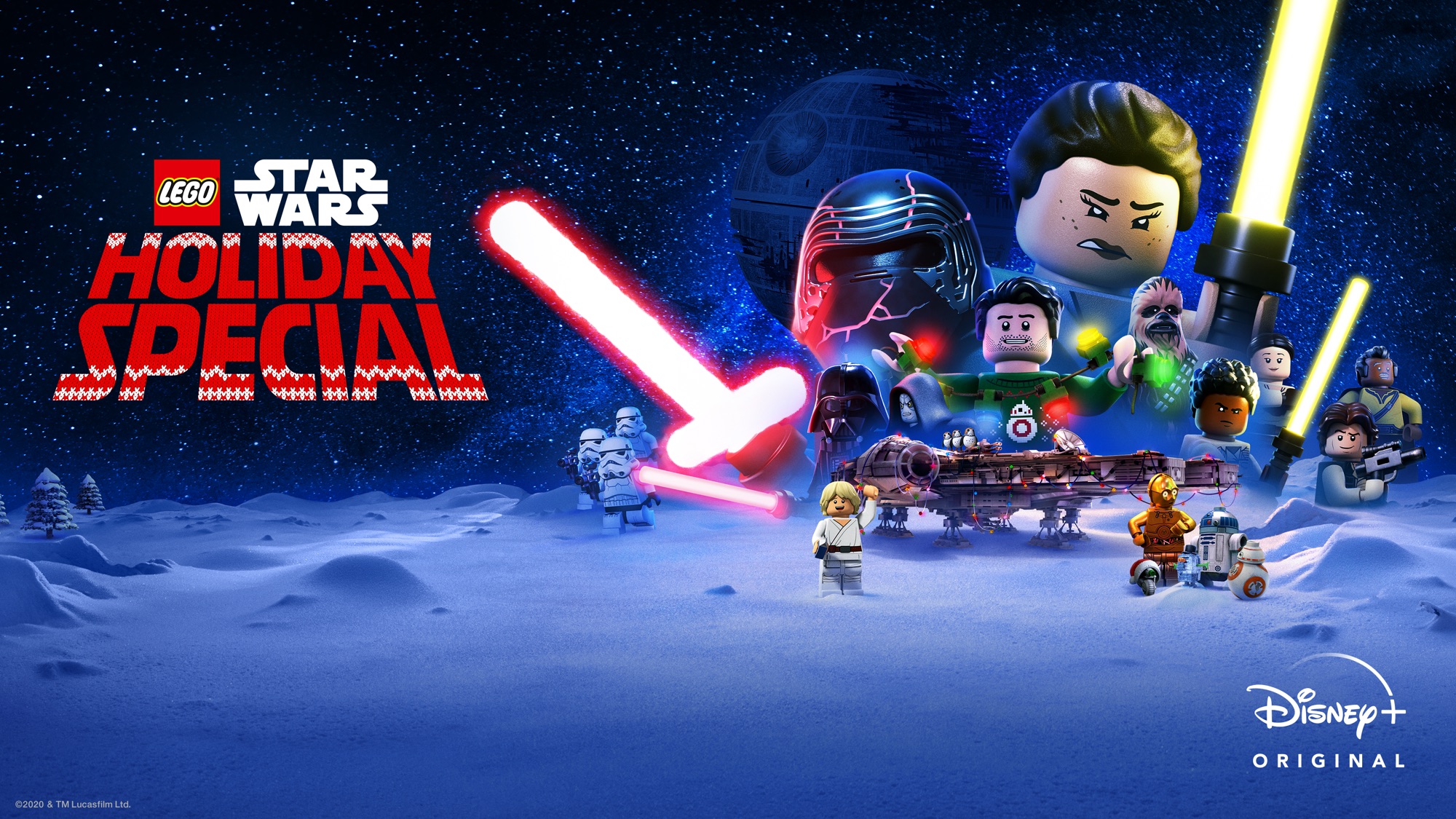 LEGO Star Wars Holiday Special key art with snow, stars and illuminated lightsaber