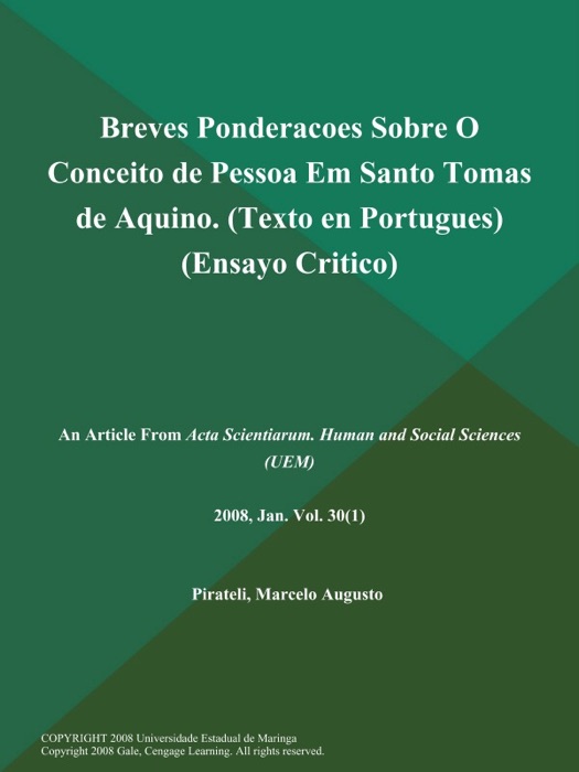 Breves Ponderacoes Sobre O Conceito de Pessoa Em Santo Tomas de Aquino (Texto en Portugues) (Ensayo Critico)