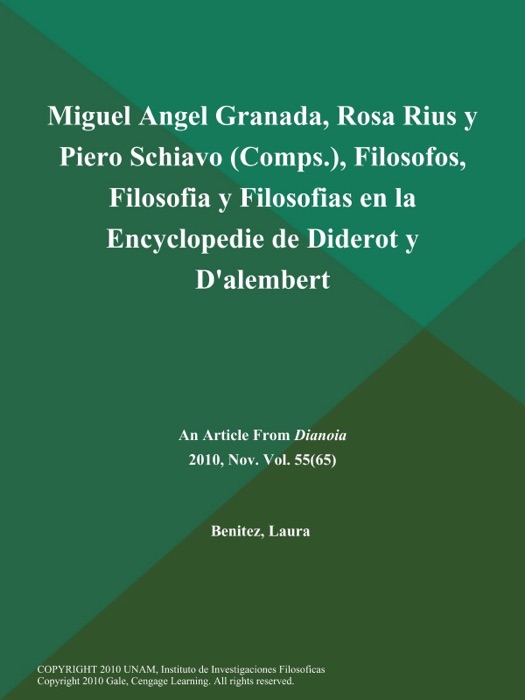 Miguel Angel Granada, Rosa Rius y Piero Schiavo (Comps.), Filosofos, Filosofia y Filosofias en la Encyclopedie de Diderot y D'alembert