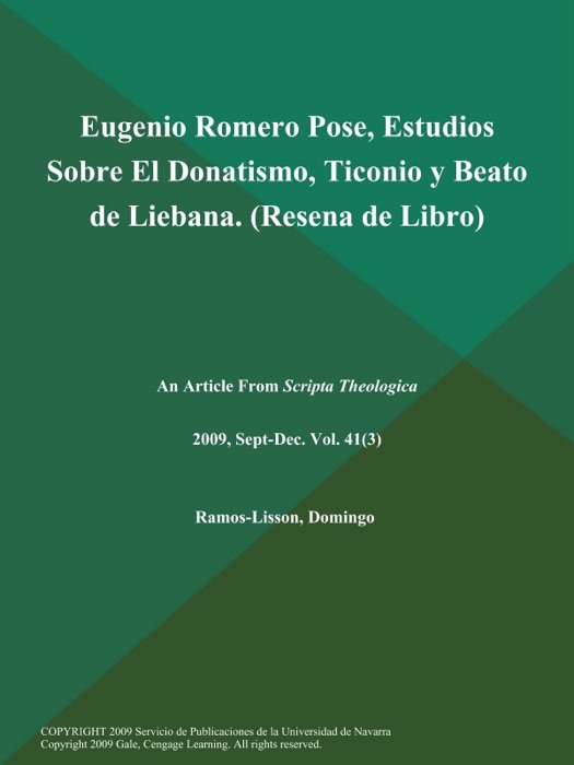 Eugenio Romero Pose, Estudios Sobre El Donatismo, Ticonio y Beato de Liebana (Resena de Libro)