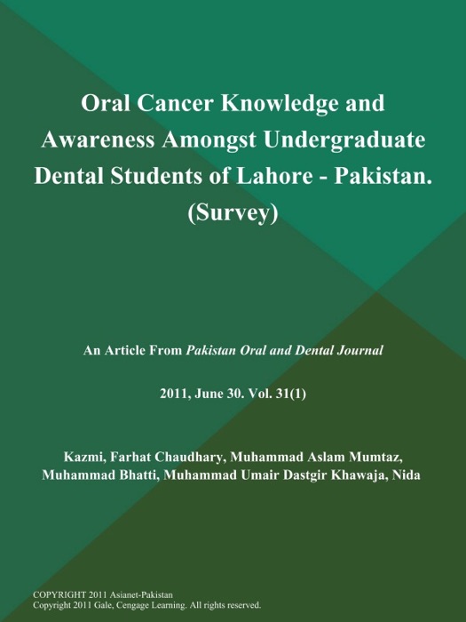 Oral Cancer Knowledge and Awareness Amongst Undergraduate Dental Students of Lahore - Pakistan (Survey)