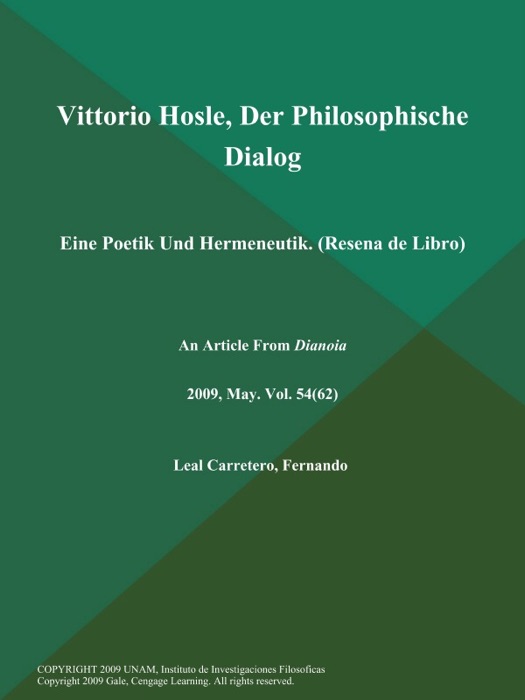 Vittorio Hosle, Der Philosophische Dialog: Eine Poetik Und Hermeneutik (Resena de Libro)