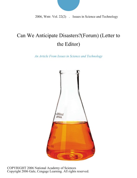 Can We Anticipate Disasters?(Forum) (Letter to the Editor)