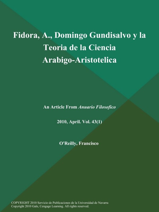 Fidora, A., Domingo Gundisalvo y la Teoria de la Ciencia Arabigo-Aristotelica