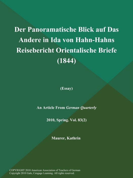 Der Panoramatische Blick auf Das Andere in Ida von Hahn-Hahns Reisebericht Orientalische Briefe (1844) (Essay)