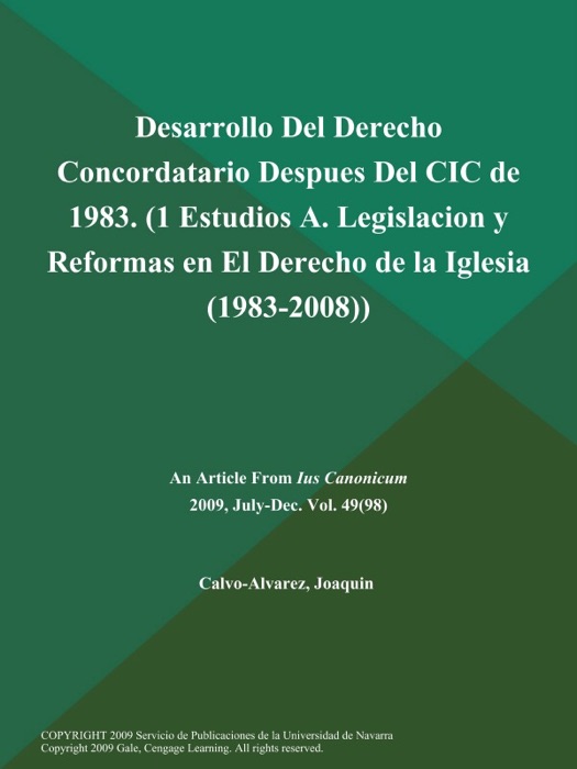 Desarrollo Del Derecho Concordatario Despues Del CIC de 1983 (1 Estudios: A. Legislacion y Reformas en El Derecho de la Iglesia (1983-2008))