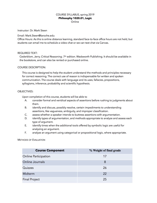 Logic spring 2019 Steen syllabus