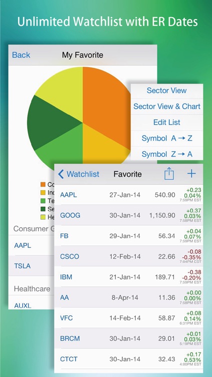 Earnings : Calendar, History, Reminder, Watch list with Next Earning Date & Real-Time Stock Quote, Chart, News, Insider Transactions.