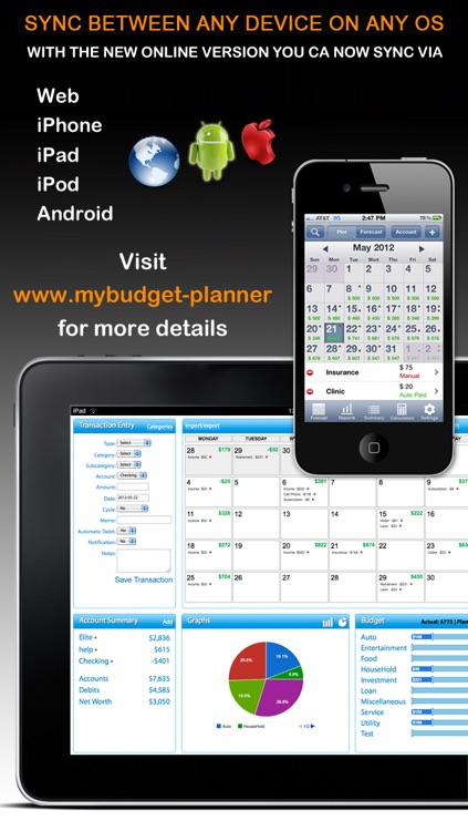 Budget Planner & Web Sync (income and expense balance calendar)