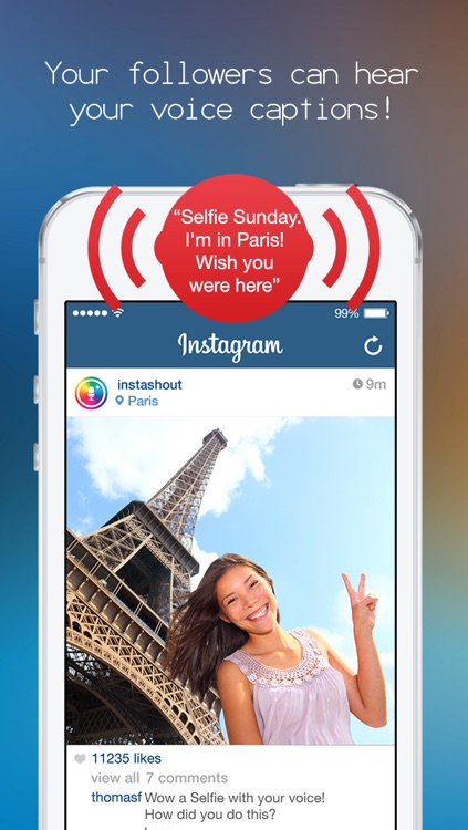 InstaShout +  Add recorded voice comments, narration & voiceover to yr IG and FB photo pic posts!