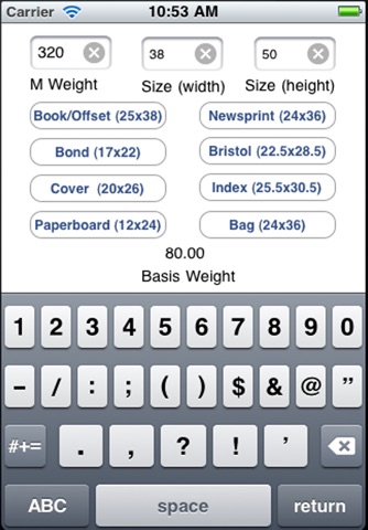 Spicers M-Weight to Basis Weight Paper Calculator screenshot 2