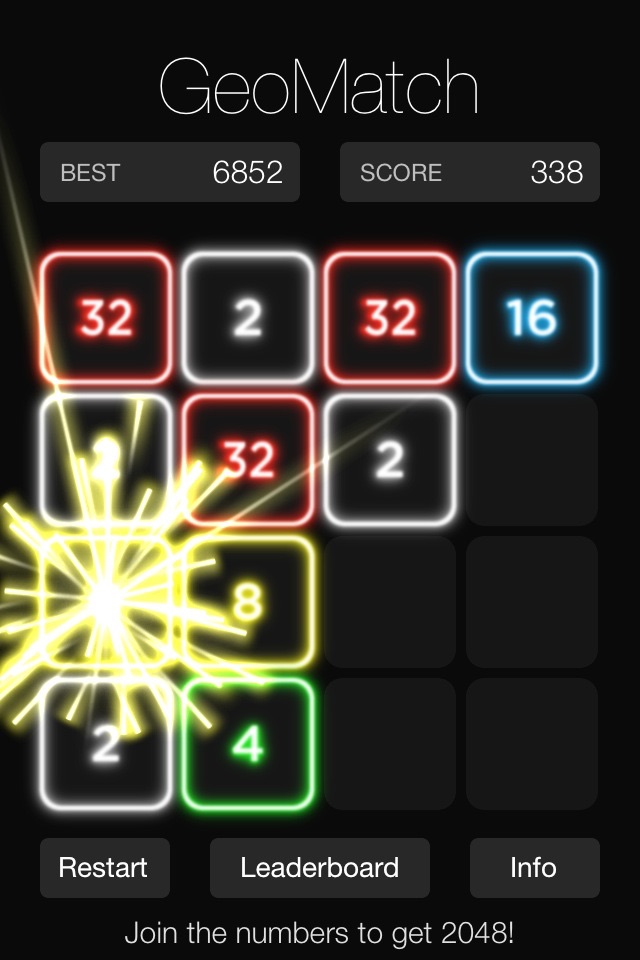 GeoMatch - 2048 experience with glowing neon particle explosions screenshot 3