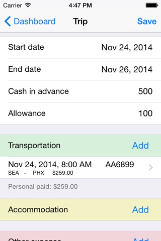 Business trip tracker - schedule and track transportation and all expenses screenshot 2