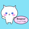 Sticker of the white kitty in French and  Japanese
