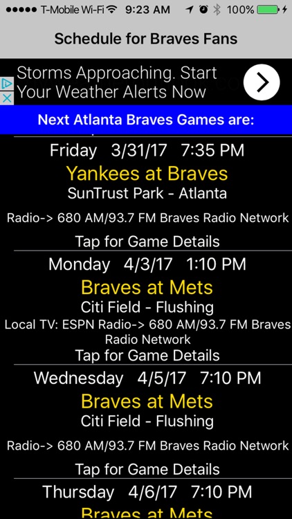 Schedule for Atlanta Braves fans with TV listings