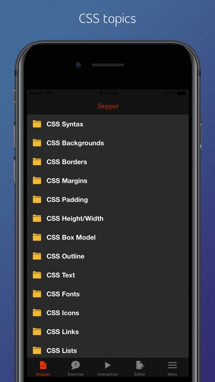 CSS editor, snippets, exercises