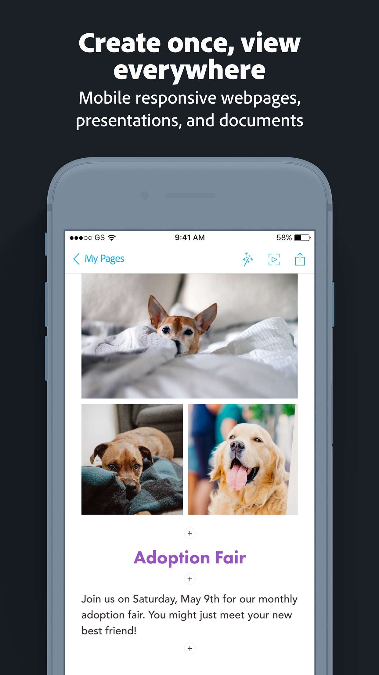 Screenshot do app Adobe Spark Page