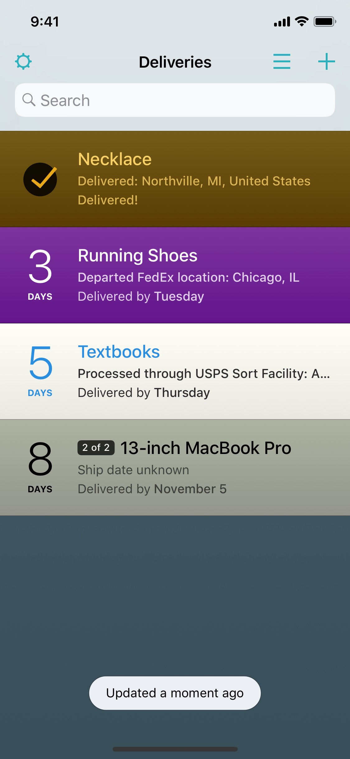 Screenshot do app Deliveries: a package tracker