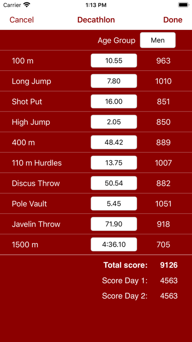 Score Calc - Calculator and Scoring Tables for Athletics Combined Events screenshot