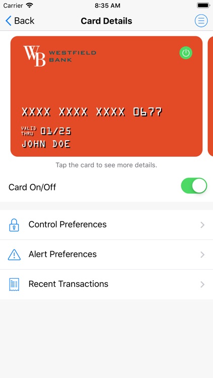 Westfield Bank Card Control