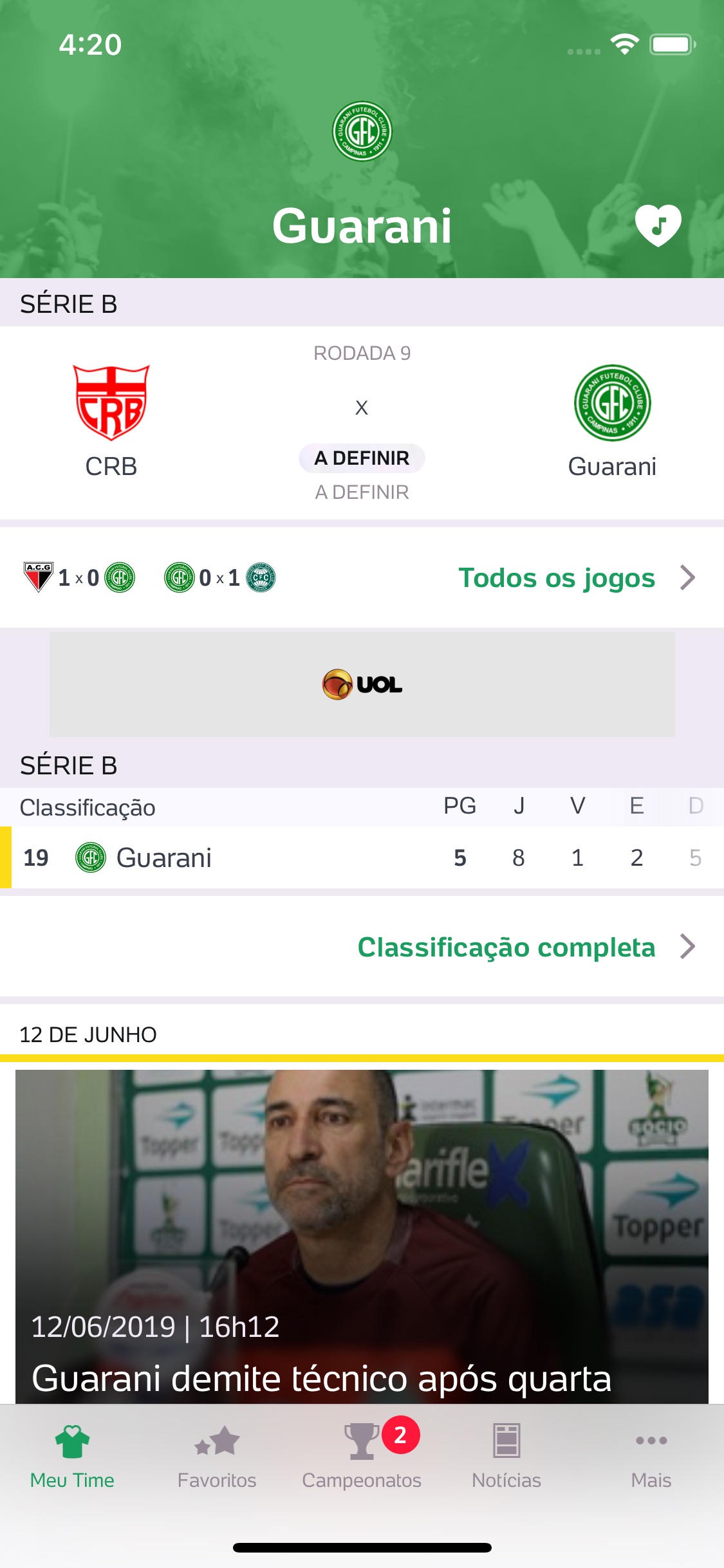 Screenshot do app Placar UOL - Futebol