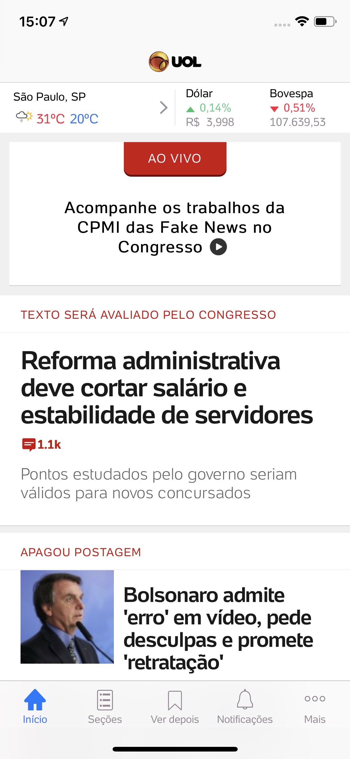 Screenshot do app UOL - Notícias em Tempo Real