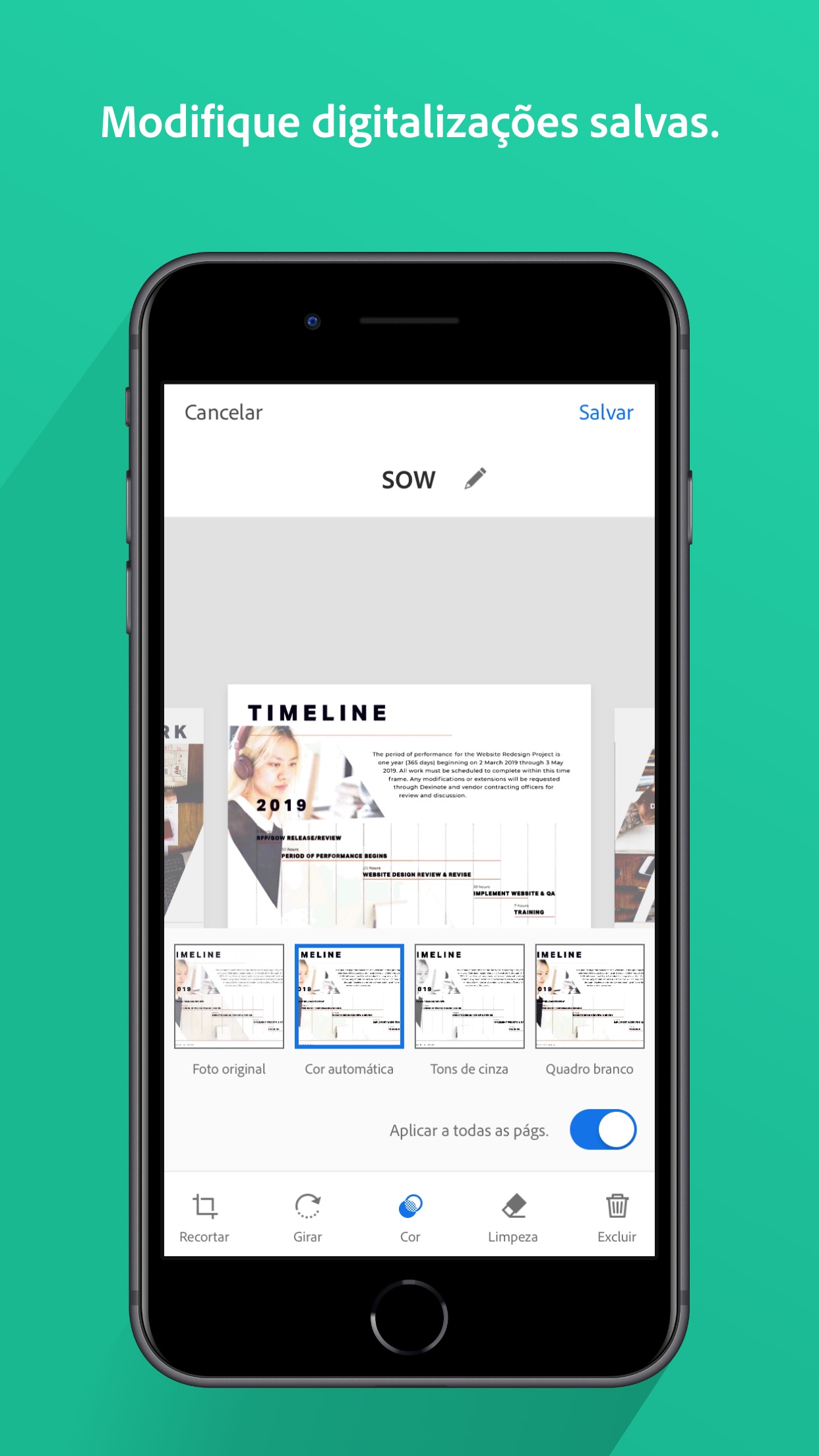 Screenshot do app Adobe Scan: PDF Scanner e OCR