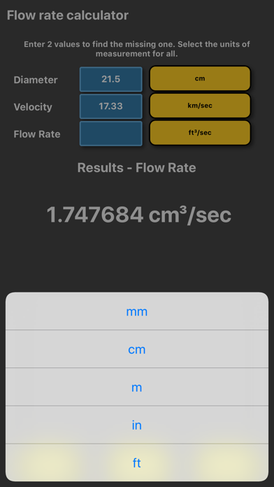 Flow rate diameter velocity screenshot 2