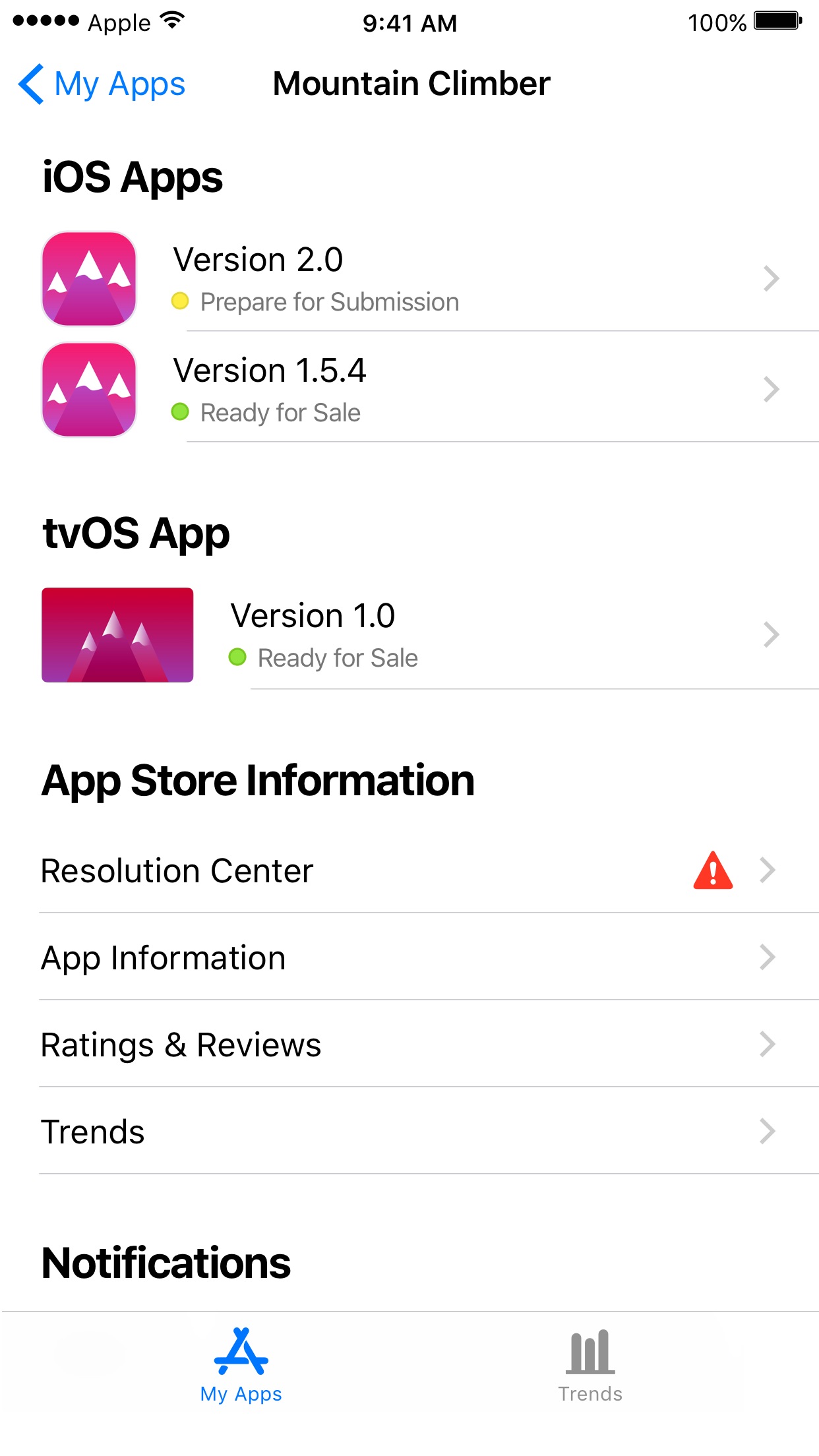 Screenshot do app App Store Connect