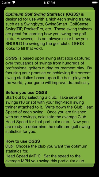 Optimum Golf Swing Statistics