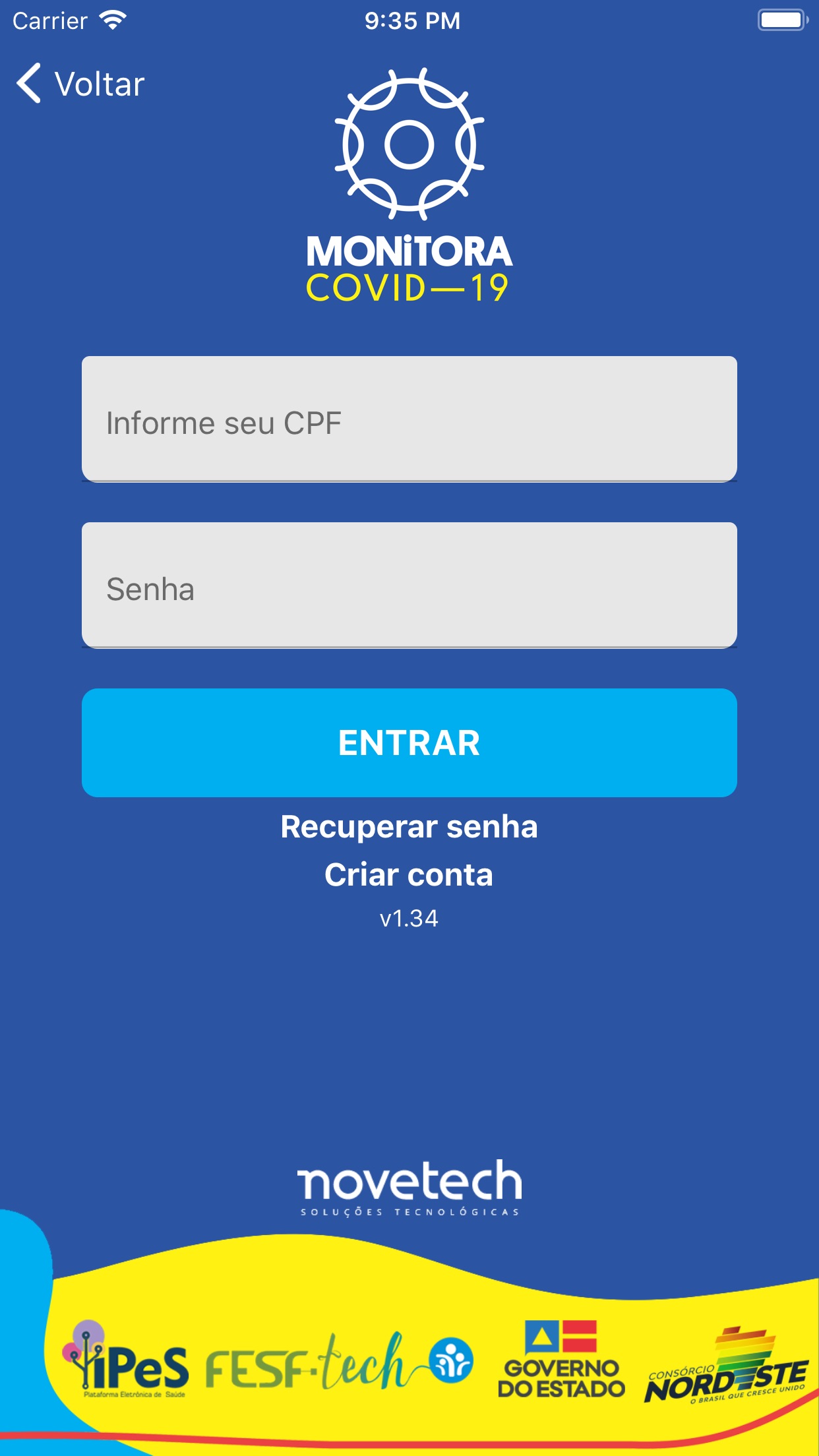 Screenshot do app Monitora Covid-19