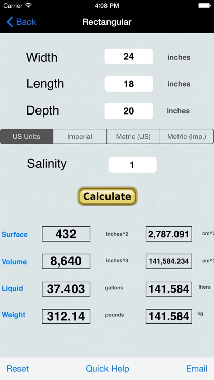 Aquarium Size, Area Calculato