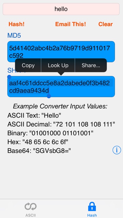 HEX ASCII BASE64 MD5 SHA conv.