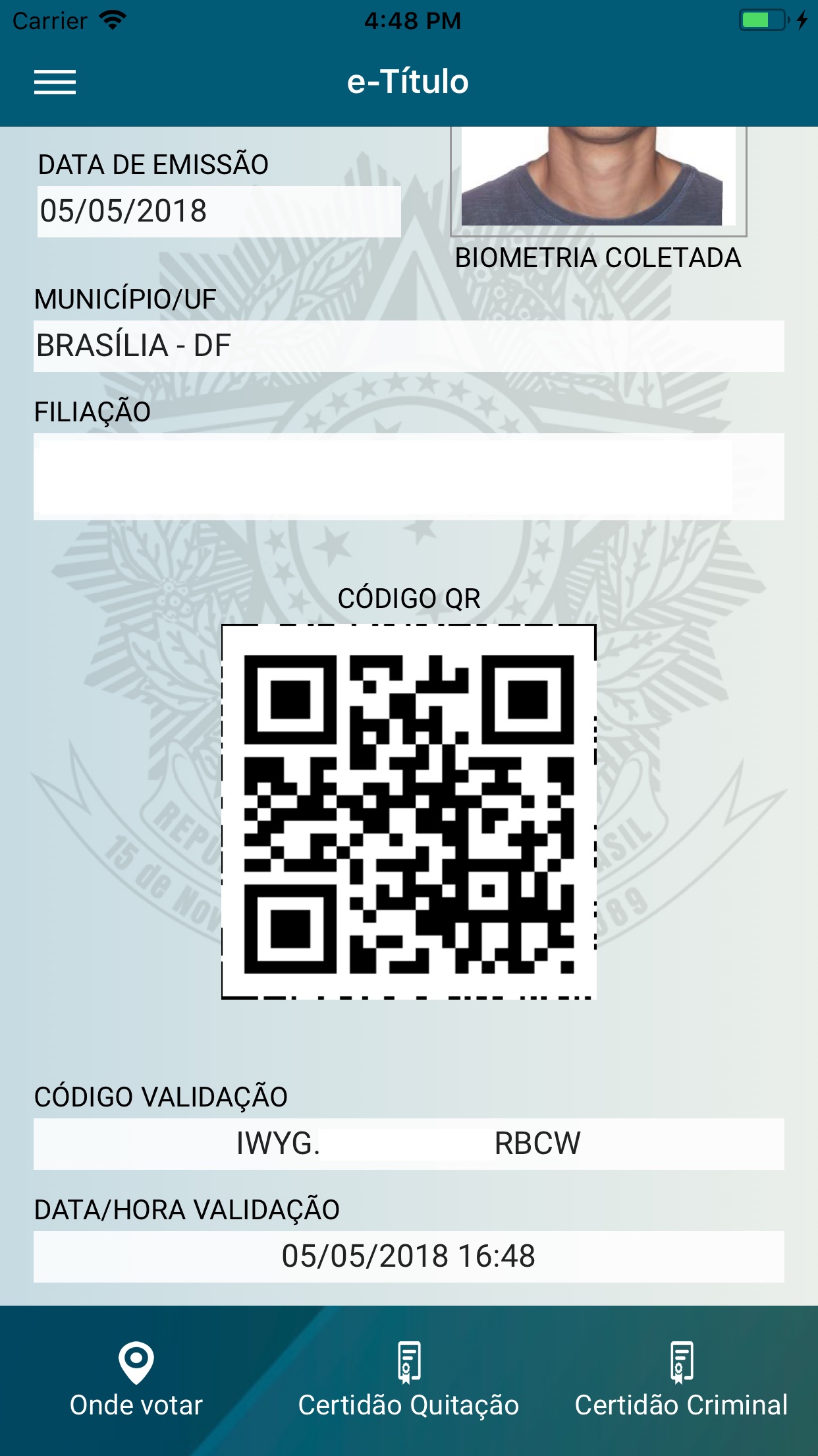 Screenshot do app e-Título