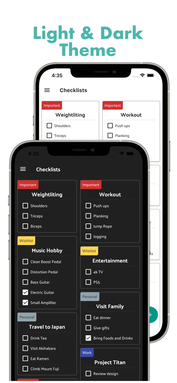 Checklist - To do list  Tasks