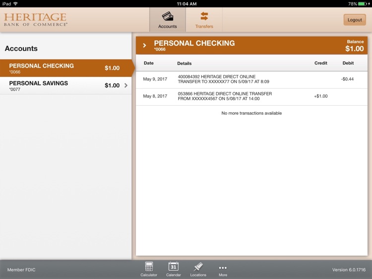 Heritage Bank of Commerce Personal Mobile for iPad