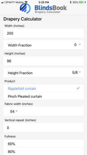 BlindsBook Drapery Calculator