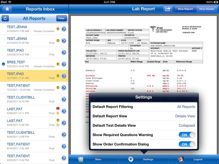 HealthLab Mobile for iPad