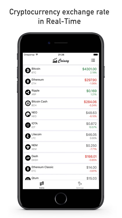 Coinsy - real time cryptocurrency exchange rate