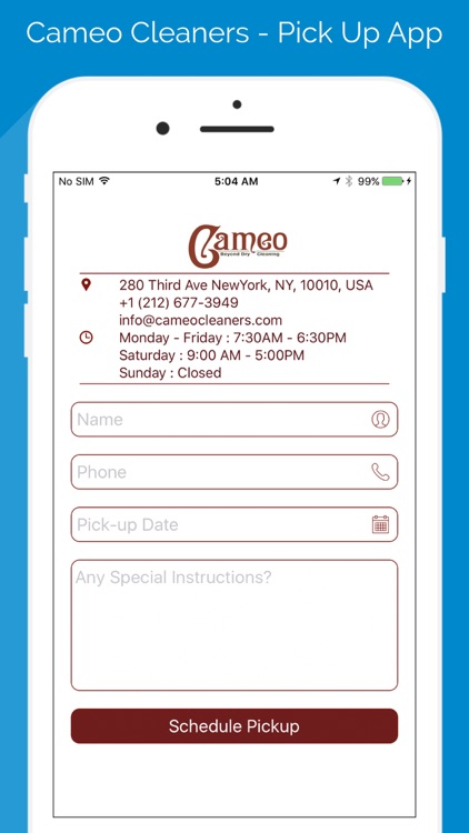 Cameo Cleaners - Pick Up App