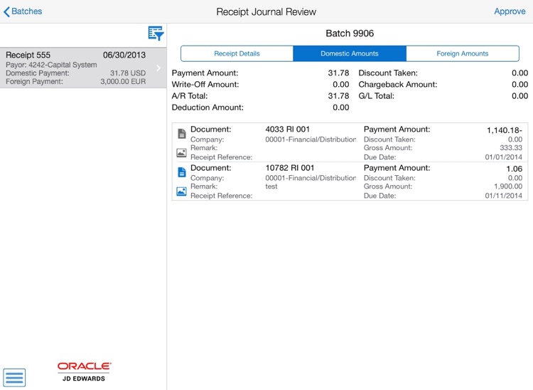 Receipt Batch Approvals Tablet for JDE E1