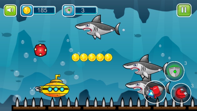 Submarine shooting shark in underwater adventure