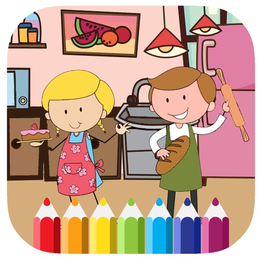 Free Kitchen Room Coloring Drawing Page Game Icon