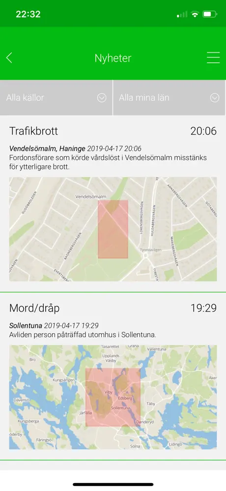 Skärmdump som visar hur händelser från Brottsplatskartan visades i appen CoYards