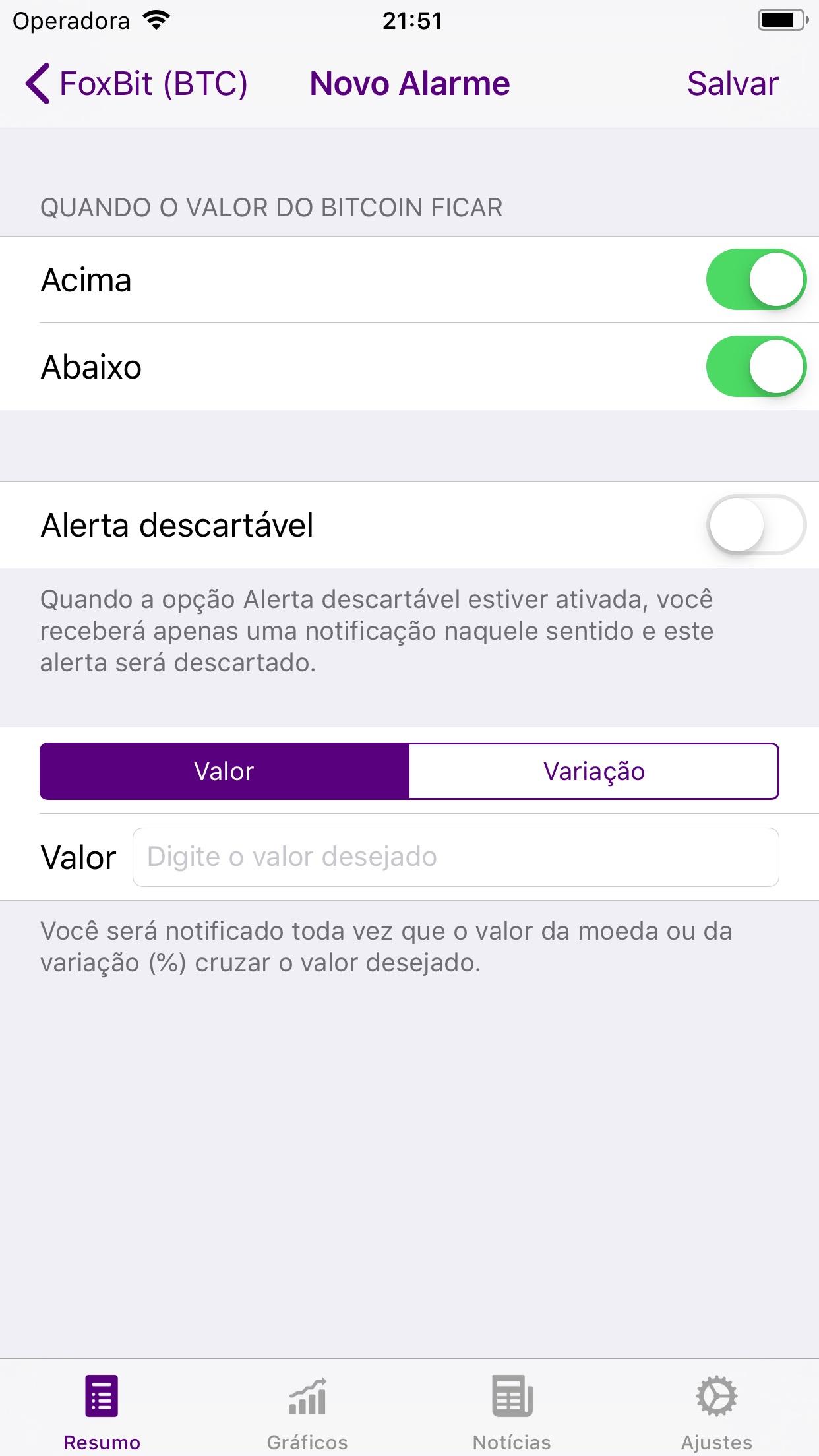 Screenshot do app Bitcoin Sentinel
