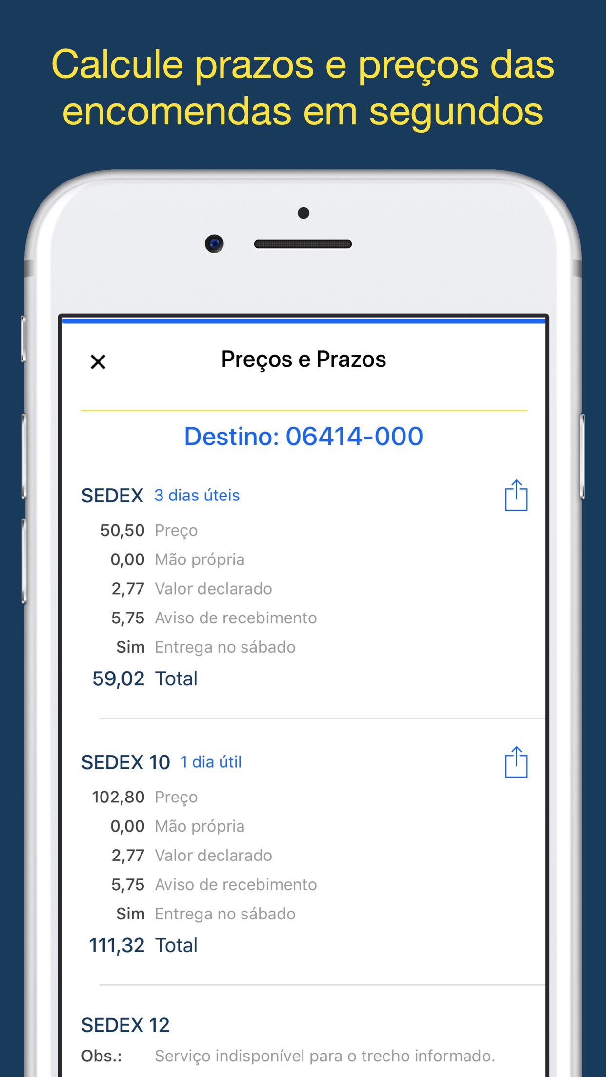 Screenshot do app Calcula Frete dos Correios