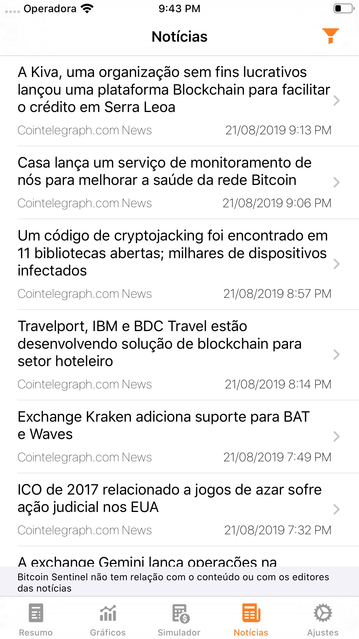 Screenshot do app Bitcoin Sentinel