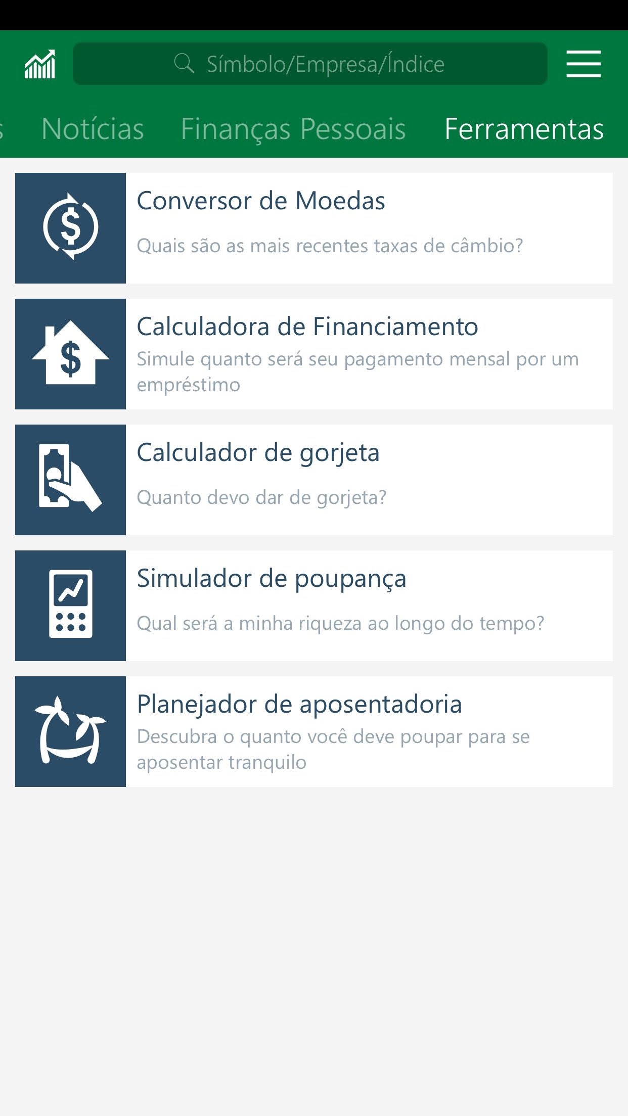 Screenshot do app MSN Dinheiro