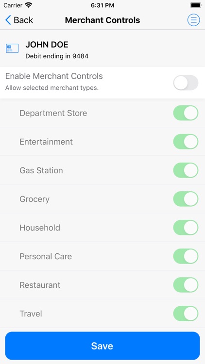 Access Debit Card Control