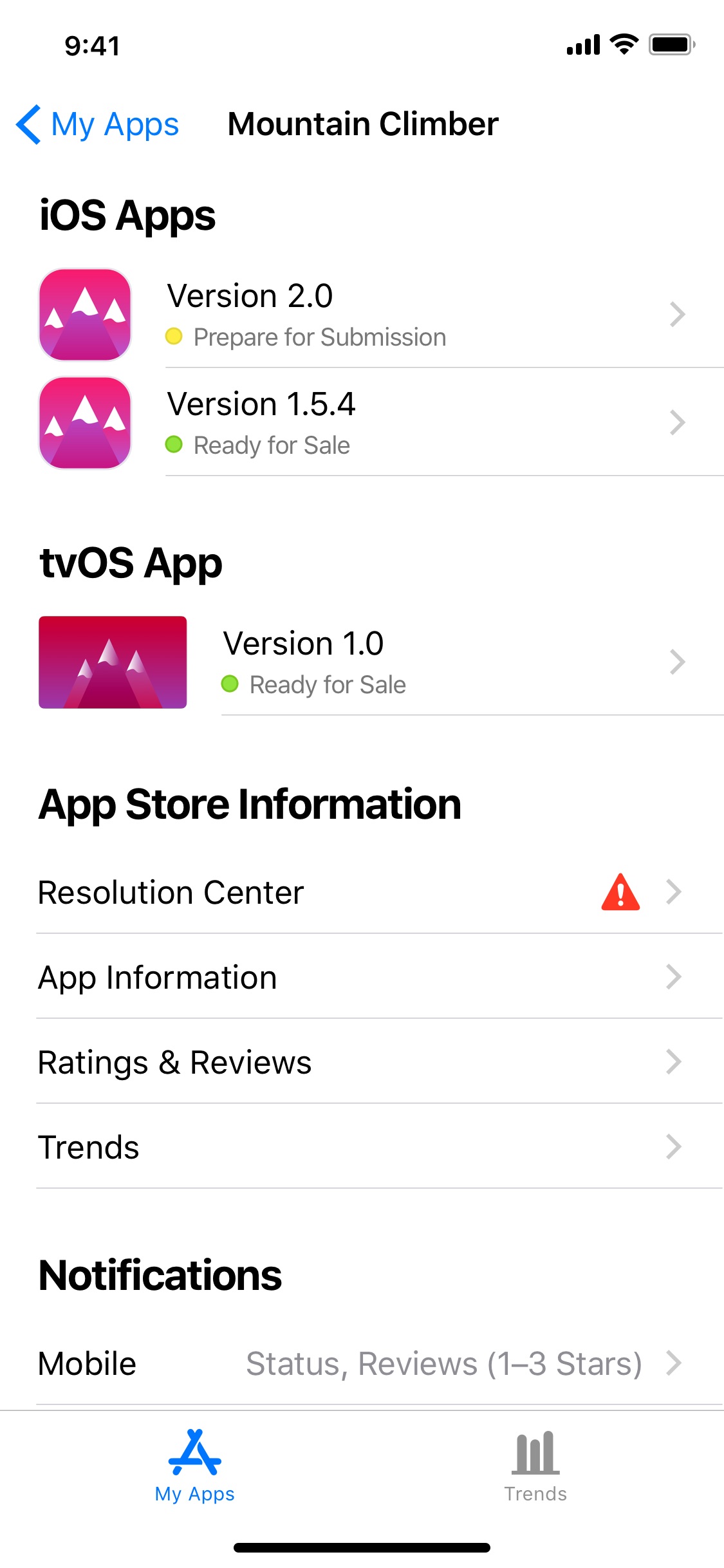 Screenshot do app App Store Connect